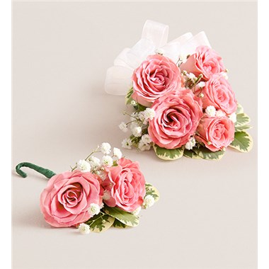 Pink Spray Corsage & Bout White Bow