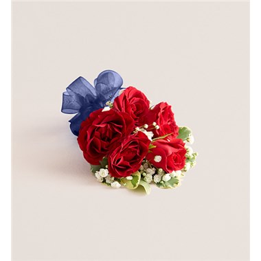 Red Spray Corsage-Navy Blue Bow