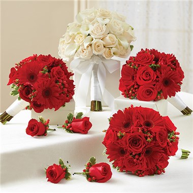 Red And White Personal Package (1 White  Bridal Bouquet, 3 Bridesmaid Bouquets And 4 Boutonnieres